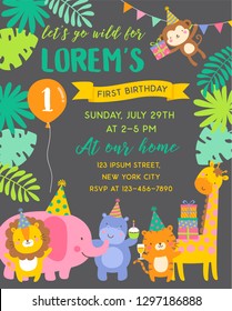 Cute safari animals cartoon illustration for kids party invitation card template.
