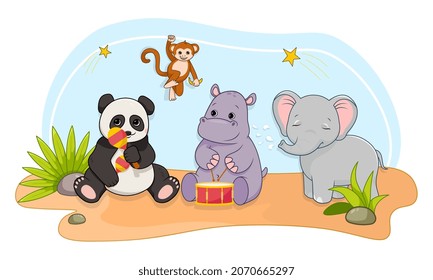 Cute Safari Animals. Colorful wild animals with maracas and drums. Panda, monkey, elephant and hippo sitting on sand. Design element for children clothing. Cartoon modern flat vector illustration