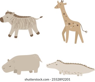 Animais de safári bonitos crocodilo, zebra, girafa, hipo. Ilustração vetorial para design, impressão, padrão, isolado no fundo branco