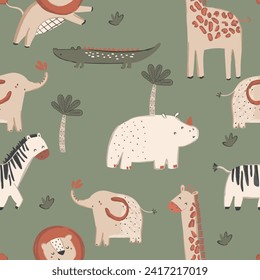 Cute safari animals elephant giraffe lion tiger turtle toucan whale palm Leon ostrich crocodile graphic tee design for kids market as vector