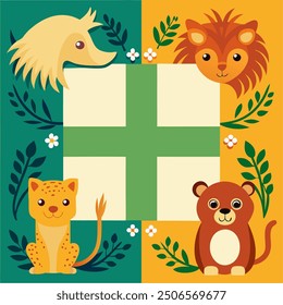 Cute Safari Animals Frame: A whimsical and colorful illustration featuring four adorable safari animals 