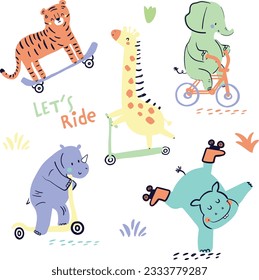 Animales de Safari lindo girafa hippo tigre elefante monta bicicleta diseño de tee para niños mercado como vector
