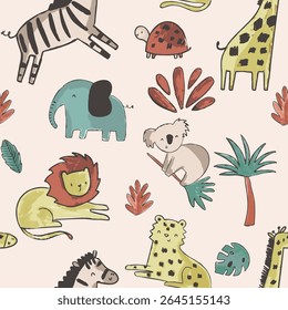Animais safári bonito girafa leon tigre elefante tartaruga zebra e palmeiras tee design para crianças mercado como vetor