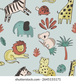 Animais safári bonito girafa leon tigre elefante tartaruga zebra e palmeiras tee design para crianças mercado como vetor
