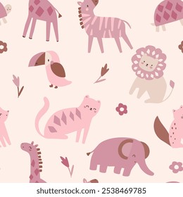 Animais de safári bonitos menina elefante girafa leopardo tigre tartaruga zebra raposa tucano Leon tropic tee flores colorido gráfico tee design para crianças mercado como vetor