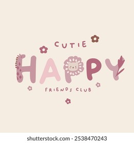 Cute safari animals girl elephant giraffe leopard tiger turtle zebra fox toucan Leon tropic tee flowers colorful happy slogan friends club graphic tee design for kids market as vector