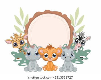 Ilustración de animales de safari lindo. Caricatura de estilo. Animales infantiles felices, ilustración perfecta para el uso de camisetas, diseño de impresión, tarjeta de saludo, ducha de bebé, invitación a fiesta