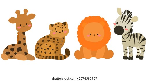 cute safari animals including giraffe, cheetah, lion, and zebra with playful expressions