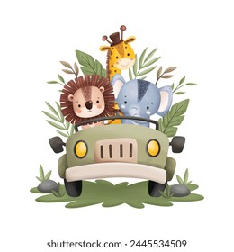 Cute Safari Animals in Jeep