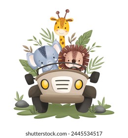 Cute Safari Animals in Jeep