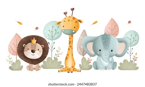 Cute Safari Animals and Leaves Cartoon