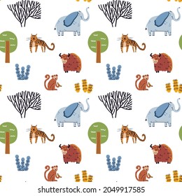 Cute safari animals and nature seamless pattern. Cartoon tiger, monkey, yak, elephant, african plants doodle drawings on white background. Flat wild animals textile vector print design