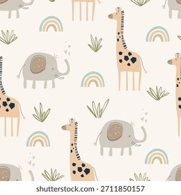 Lindos animales de safari sin patrón con elefantes, jirafas y arco iris en tonos pastel suaves. Ilustración vectorial para los textiles de los niños, decoración del vivero, ropa del bebé y diseños del abrigo del regalo