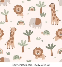 Cute Safari Animals Seamless Pattern – Giraffe, Lion, Elephant, Turtle – Baby Nursery Kids Fabric Scandinavian Boho Vector