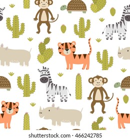 Cute safari animals seamless pattern with tiger, zebra, monkey, rhinoceros and turtle. Vector texture in childish style great for fabric and textile, wallpapers, web page backgrounds