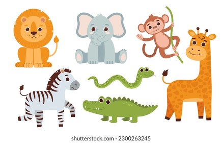 Cute safari animals set. Elephant, zebra, giraffe, lion and monkey on liana. Wild life, African fauna and savannah. Sticker collection. Cartoon flat vector illustrations isolated on white background