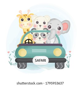 cute safari animals  siting on a car in water color style.