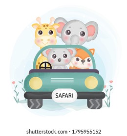 Cute Safari Animals  Siting On A Car In Water Color Style.