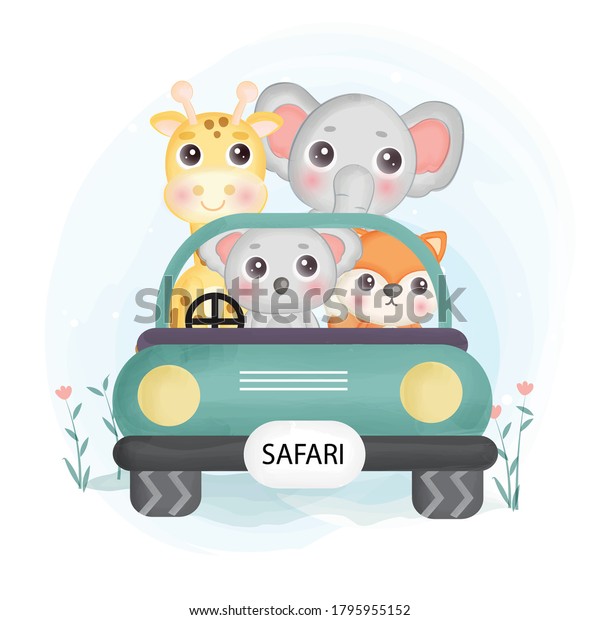 cute safari animals  siting on a car in water
color style.