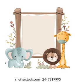 Cute Safari Animals and Wooden Board with Tropical Leaves