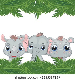 Cute safari baby animals and green tropical leaves. Rhino, elephant, hippo perfect illustration for t-shirt wear fashion print design, greeting card, baby shower, party invitation