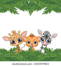 Cute safari baby animals and green tropical leaves.Lion, zebra, giraffe perfect illustration for t-shirt wear fashion print design, greeting card, baby shower, party invitation