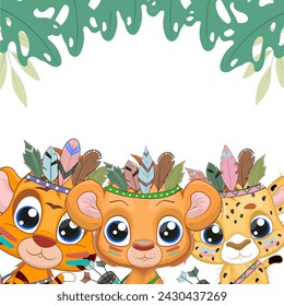Cute safari baby animals and green tropical leaves. Banner. Lion, tiger, cheetah perfect illustration for t-shirt wear fashion print design, greeting card, baby shower, party invitation