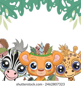 Süße Safari Baby Tiere und grüne tropische Blätter. Banner. Löwe, Zebra, Giraffe perfekte Illustration für T-Shirt Bekleidung Mode Print Design, Grußkarte, Babydusche, Party Einladung