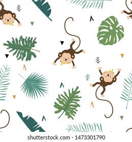 Cute safari background with monkey,leaves.Vector illustration seamless pattern for background,wallpaper,frabic.include wording wild and free.Editable element