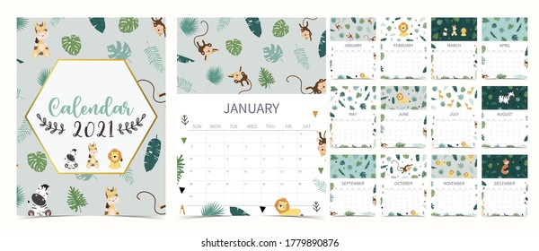 Cute safari calendar 2021 with lion, giraffe, zebra, fox, monkey for children, kid, baby