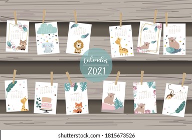 Cute safari calendar 2021 with lion, giraffe, zebra, fox, monkey for children, kid, baby