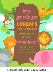 Cute safari cartoon animals and big tree illustration with copy space for kids party invitation card template.