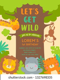 Cute safari cartoon animals and big tree illustration with copy space for kids party invitation card template.
