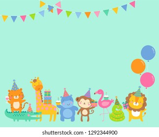 Cute safari cartoon animals border design for kids party invitation card template.