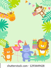 Cute safari cartoon animals border design for kids party invitation card template.