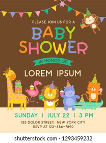 Cute safari cartoon animals border design for kids party invitation card template.
