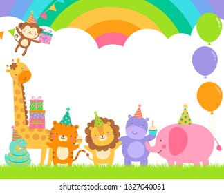 Cute safari cartoon animals border with copy space for kids party invitation card template.