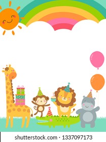 Cute safari cartoon animals border with copy space for kids party invitation card template.
