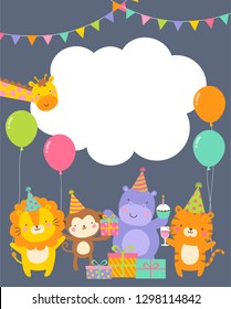 Cute safari cartoon animals with copy space for kids party invitation card template.
