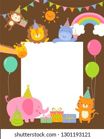 Cute safari cartoon animals with copy space for kids party invitation card template.