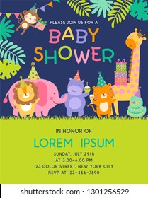 Cute safari cartoon animals with copy space for kids party invitation card template.