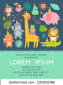 Cute safari cartoon animals with copy space for kids party invitation card template.
