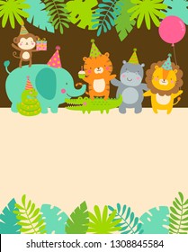 Cute safari cartoon animals with copy space for kids party invitation card template.
