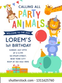 Cute safari cartoon animals with copy space design for kids party invitation card template.