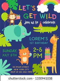 Cute safari cartoon animals with copy space for kids party invitation card template.
