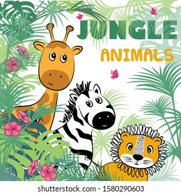 Cute safari cartoon animals flyer for kids party invitation card template. Cartoon design