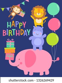 Cute safari cartoon animals illustration for birthday greeting card.