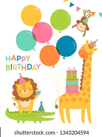 Cute safari cartoon animals illustration for kids birthday greeting card.