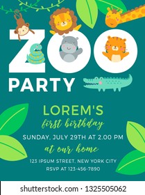Cute safari cartoon animals and leaves border with copy space for kids party invitation card template.