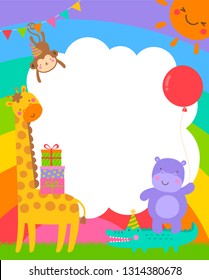 Cute safari cartoon animals with rainbow background for kids party invitation card template.